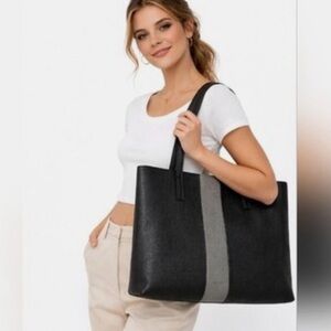 Vince Camuto Black W/ Gray Stripe Vegan Leather Luck Tote Bag